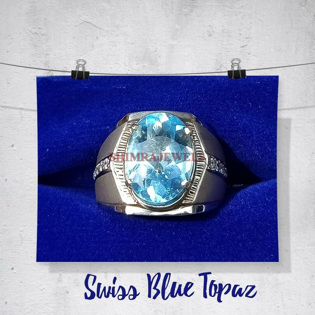 Natural Blue Topaz Gemstone with 925 Sterling Silver Ring for Men's #808