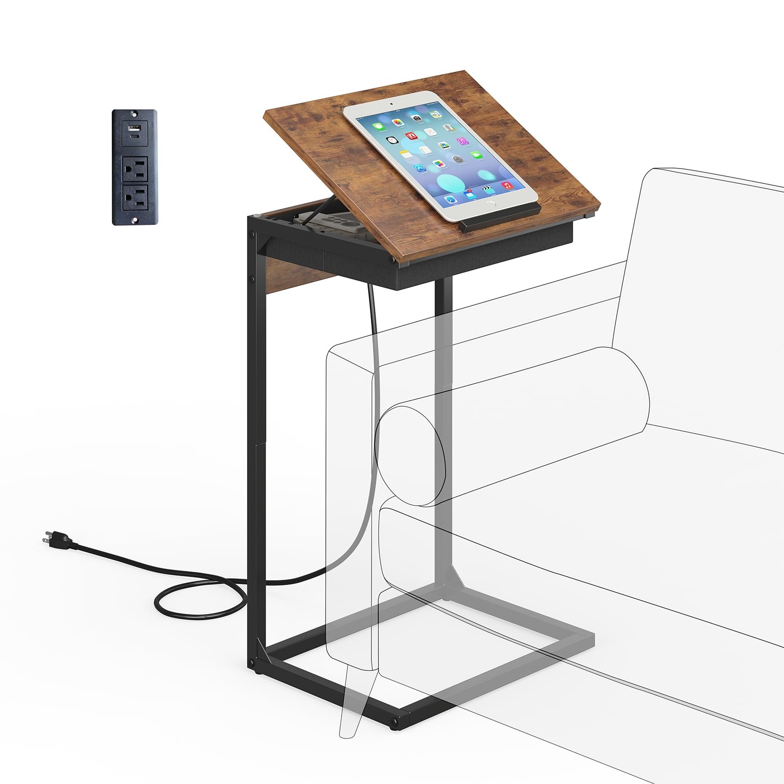 C Shaped End Table with Charging Station, 45° Tiltable Adjustable Flip Top Ta...
