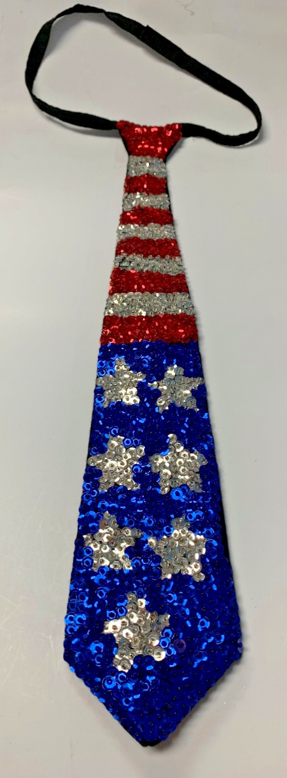 Sequin necktie USA on sides Patriotic stars red blue silver  flag