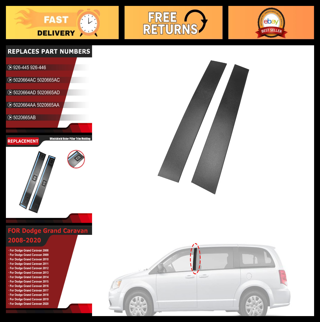 Dodge Caravan Front B Pillar Trim Molding Kit 2008-2020 | Left & Right Panels, F