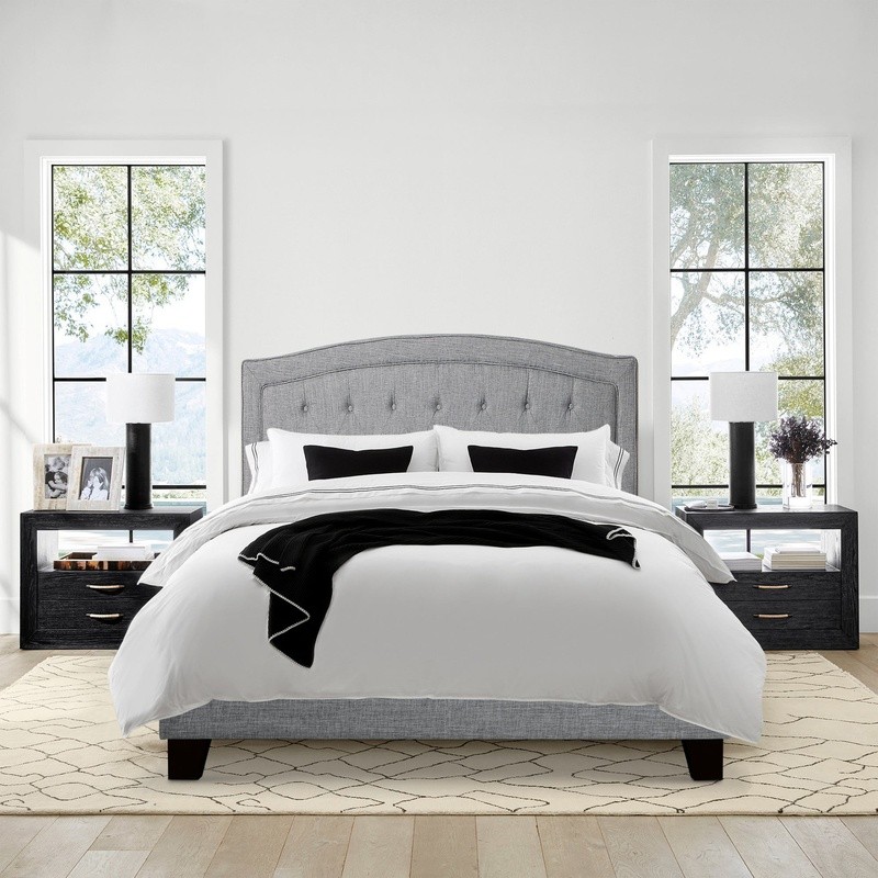 Linen Upholstered Platform Bed Frame W/ Padded Headboard Solid Wood Support New