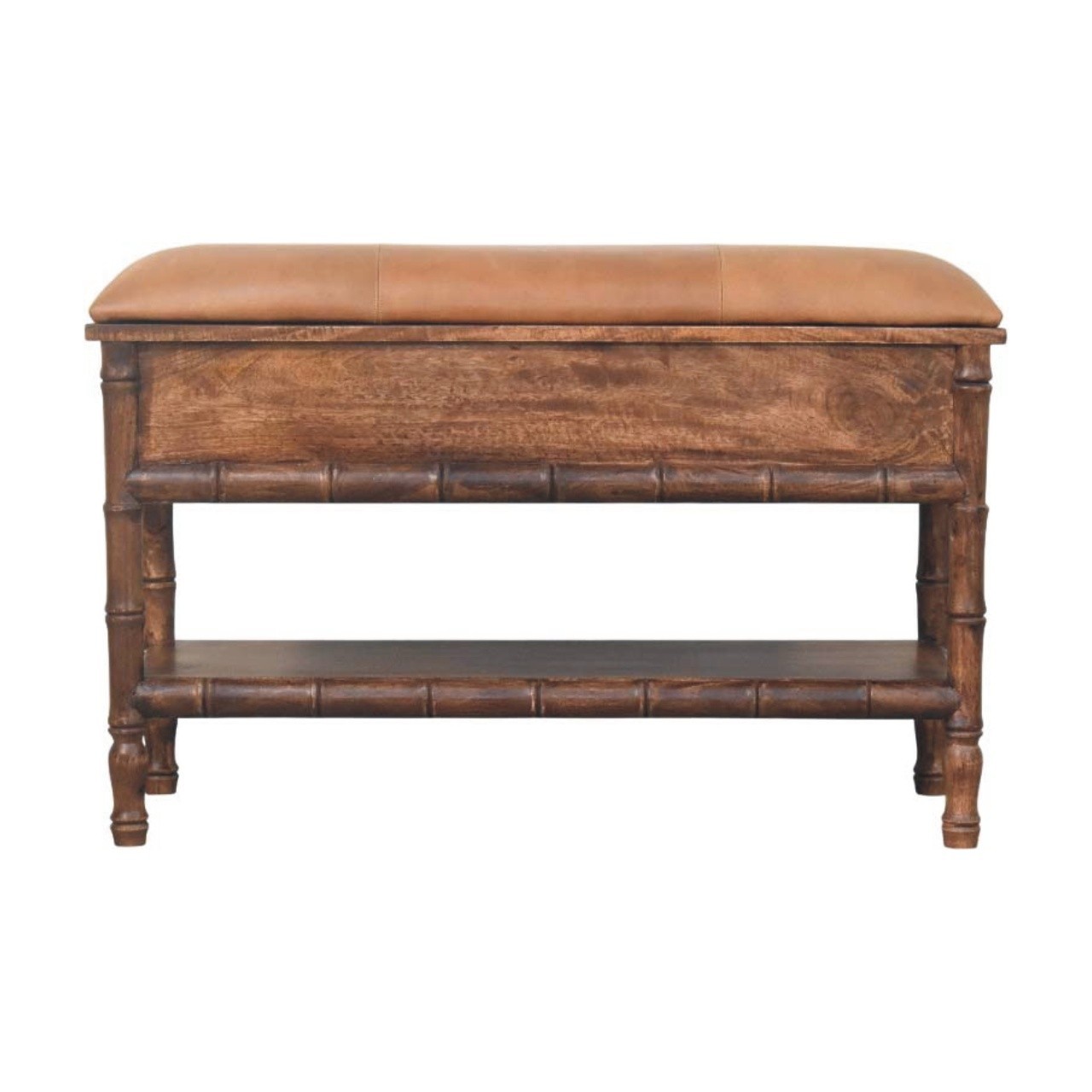 Bamboo Carved Storage Bench with Leather Seat