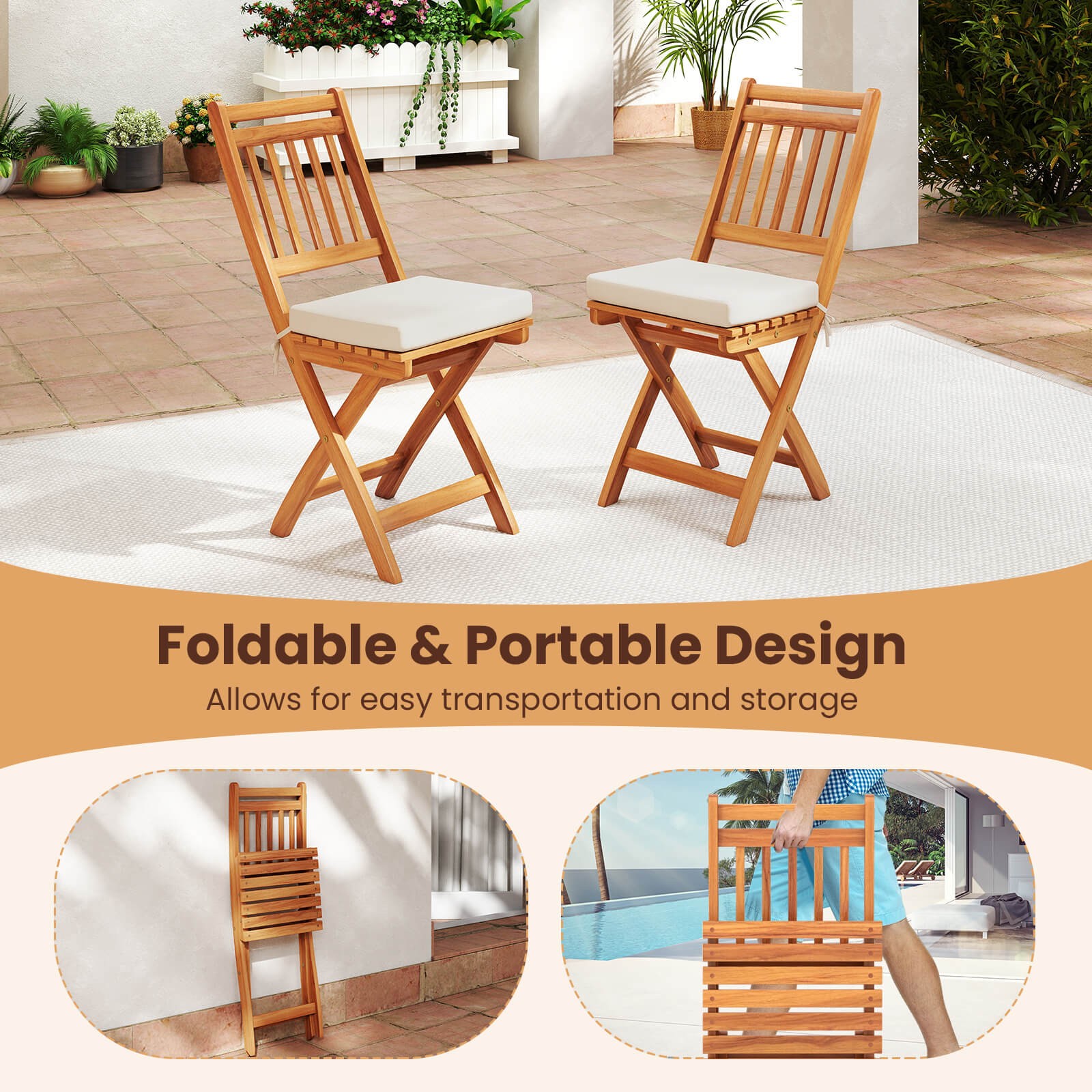 Folding Patio Chairs Set of 4 with Slatted Backrests and Soft Seat Cushions