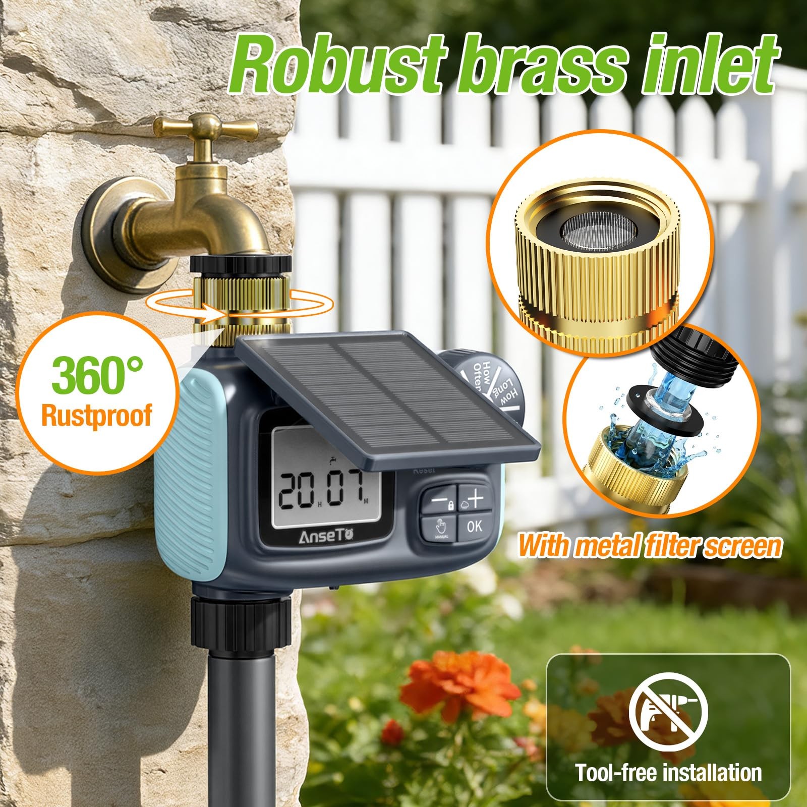 Solar Sprinkler Timer, Type~C Rechargeable, Programmable Faucet Controller
