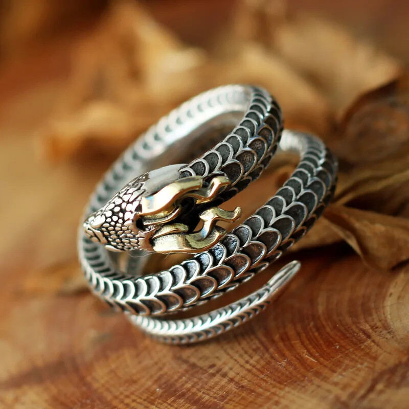 925 Sterling Silver Unique Big Ring Excellent Horned snake Open Finger Ring