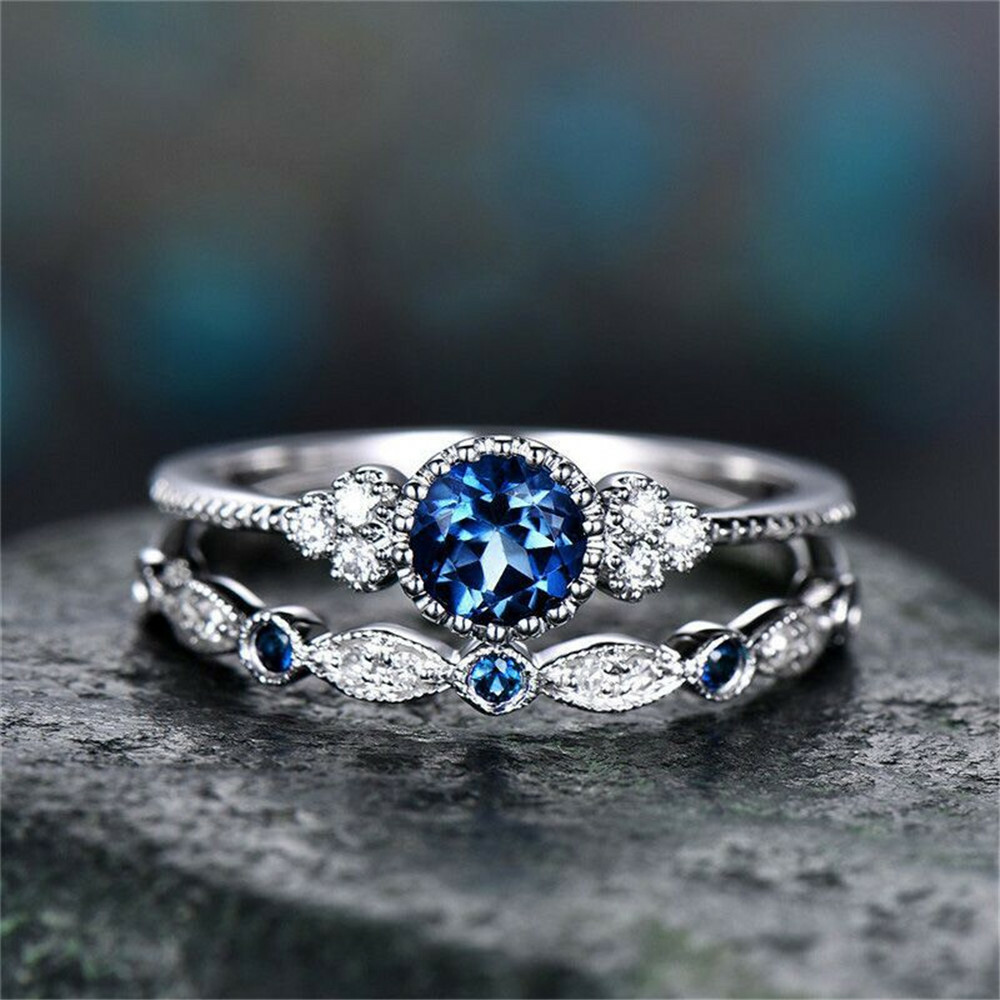 2pcs/set Women's Wedding Set Rings Alloy Silver Round Cut Emerald Ring Size 6-10