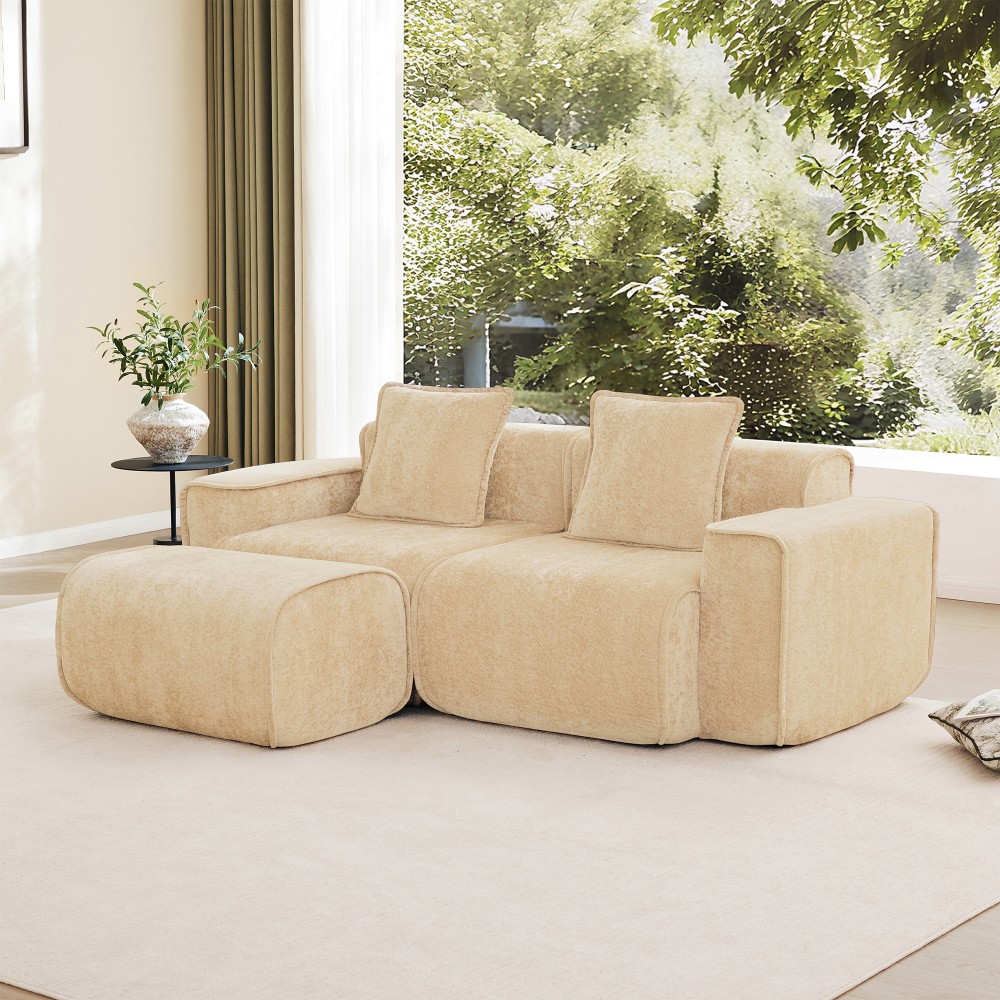 Modular 2-Seat L-Shape Sectional Sofa w/ Ottoman, Velvet Light Camel