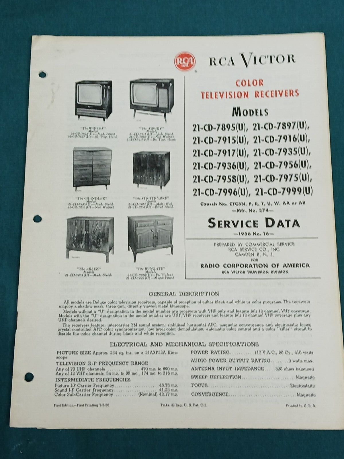 RCA Victor Color Television Receivers Service Data 1956 No. T6 Model 21