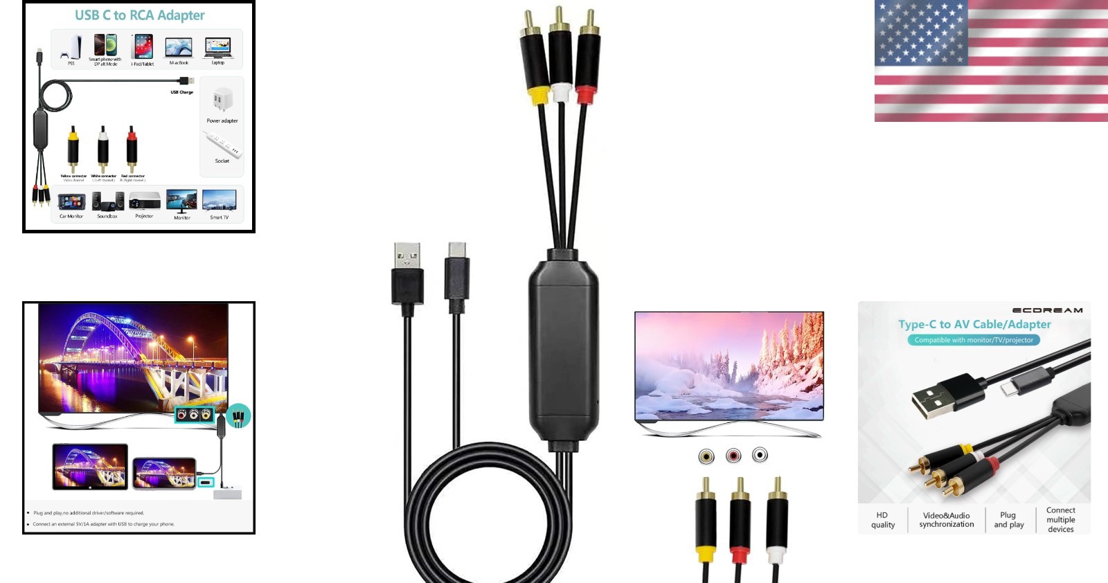 Plug & Play 6Ft USB-C to RCA Adapter - Seamless Audio & Video Connection