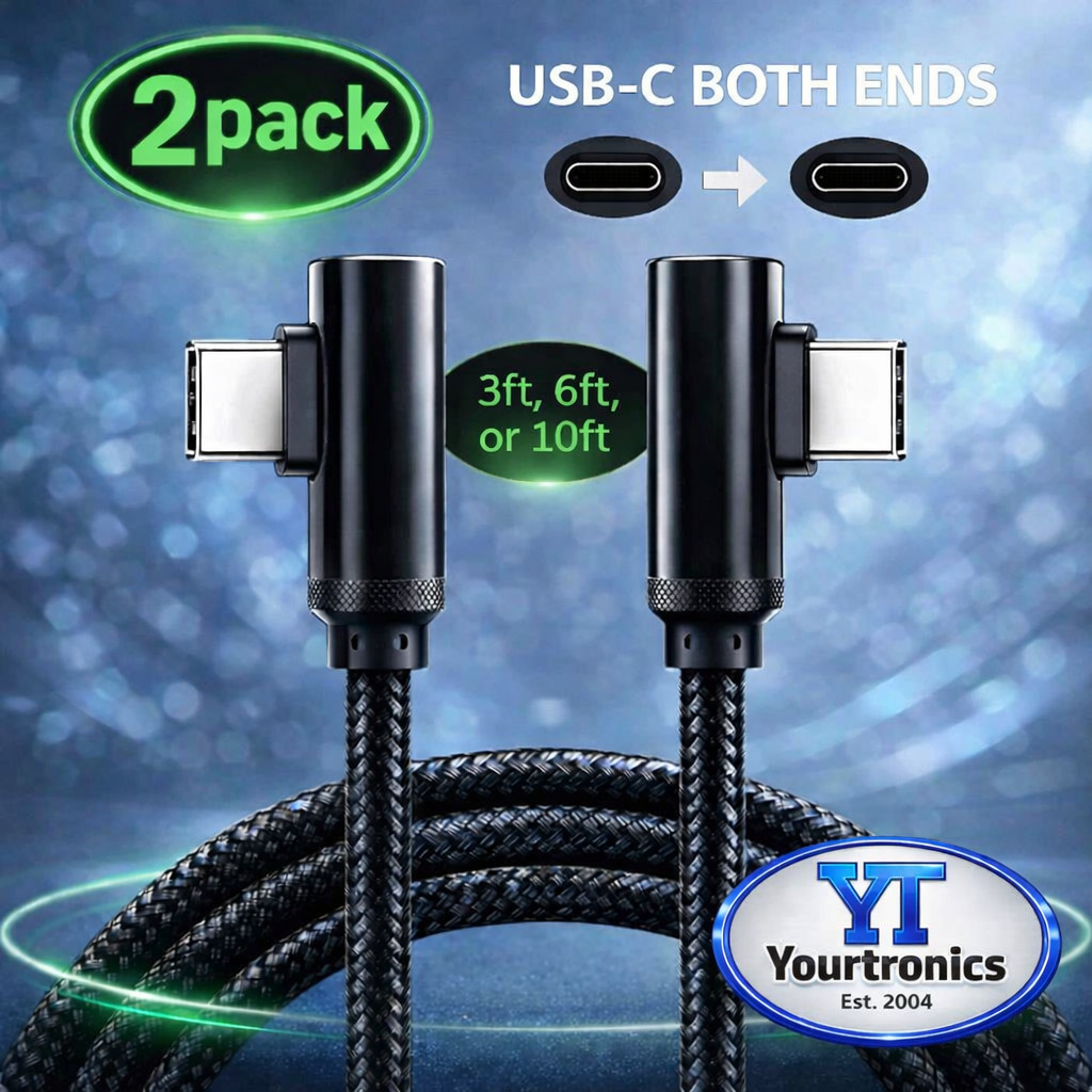2 PACK 90 Degree Angle USB-C to USB-C Charger Cable Fast Charging Type Sync Cord