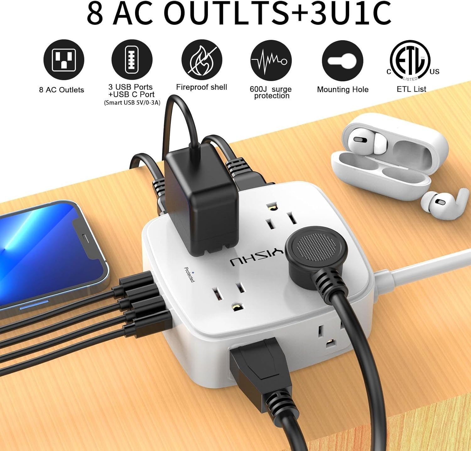 🔌 6FT Surge Protector Power Strip ⚡ 8 Outlets 4 USB Flat Plug Extension White