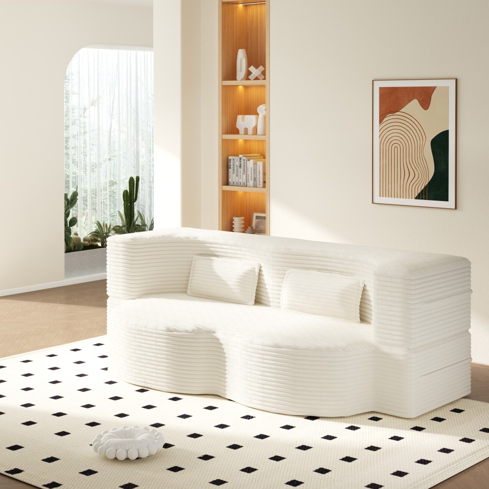 Twin Floor Sofa Bed w/Mattress, Corduroy Lounger & Pillows, Beige/White
