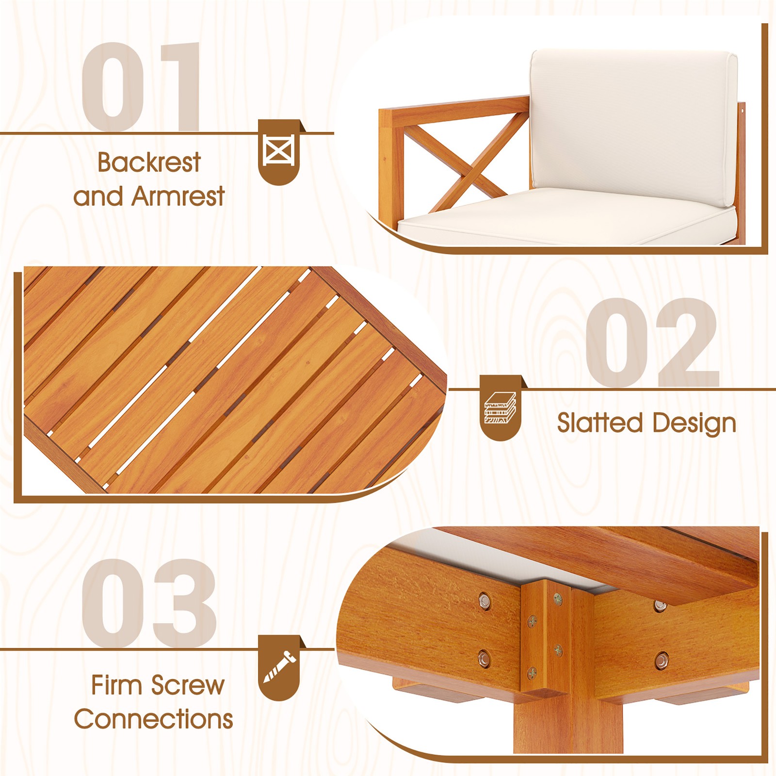 5 PCS Acacia Wood Patio Chaise Lounge Chair Set w/ 2-Tier Coffee Table Cushions