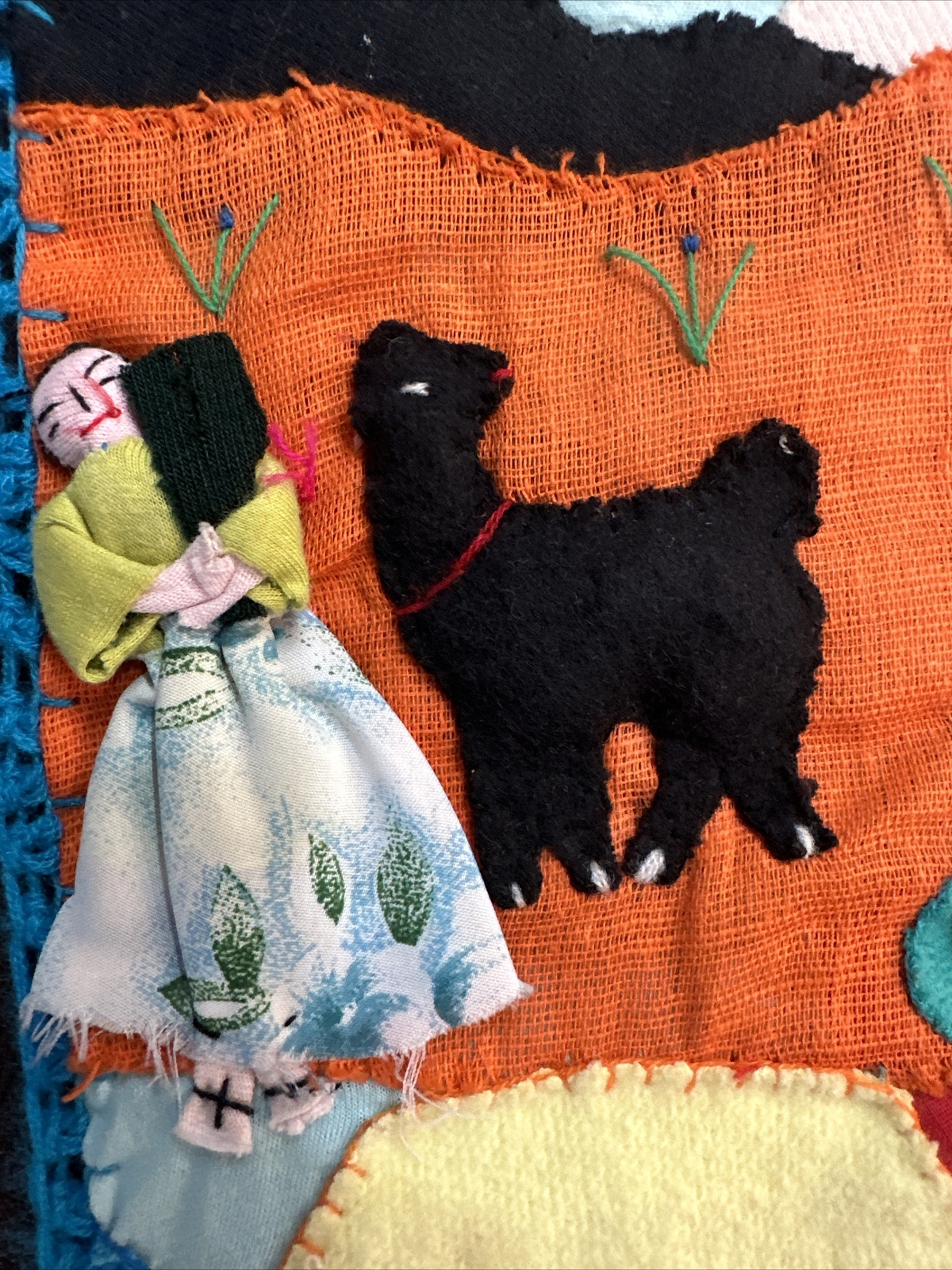 Vintage Peruvian Patchwork 19x37” 3-D Wall Hanging Tapestry Animals + People--