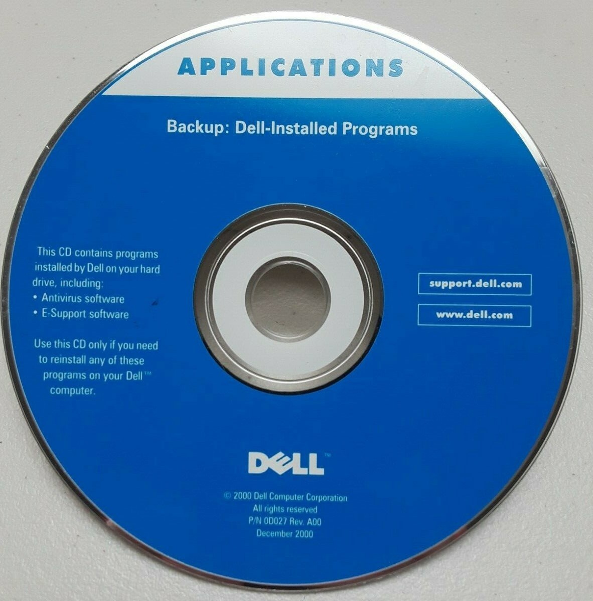 Dell backup: for Dell-installed programs P/N 0D027 Rev. A00 Dec. 2000 ~ CD-ROM
