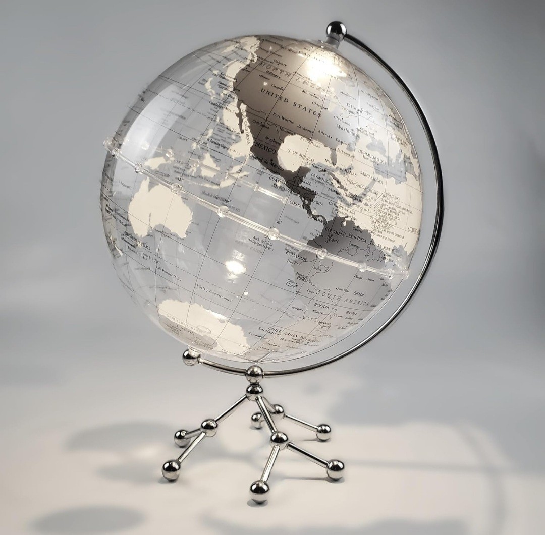 Silver Earth Globe, Desk Lamp, Touch Warm White Light (25 cm/9.9in) World Map