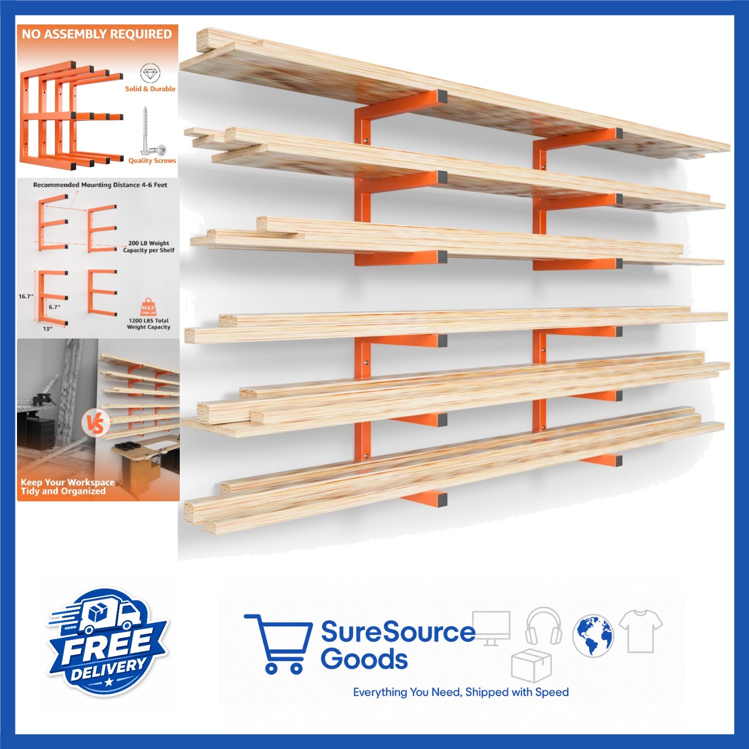 Scratch Resistant Wall Mount Lumber Storage Rack Heavy Duty 1200 LBS Orange