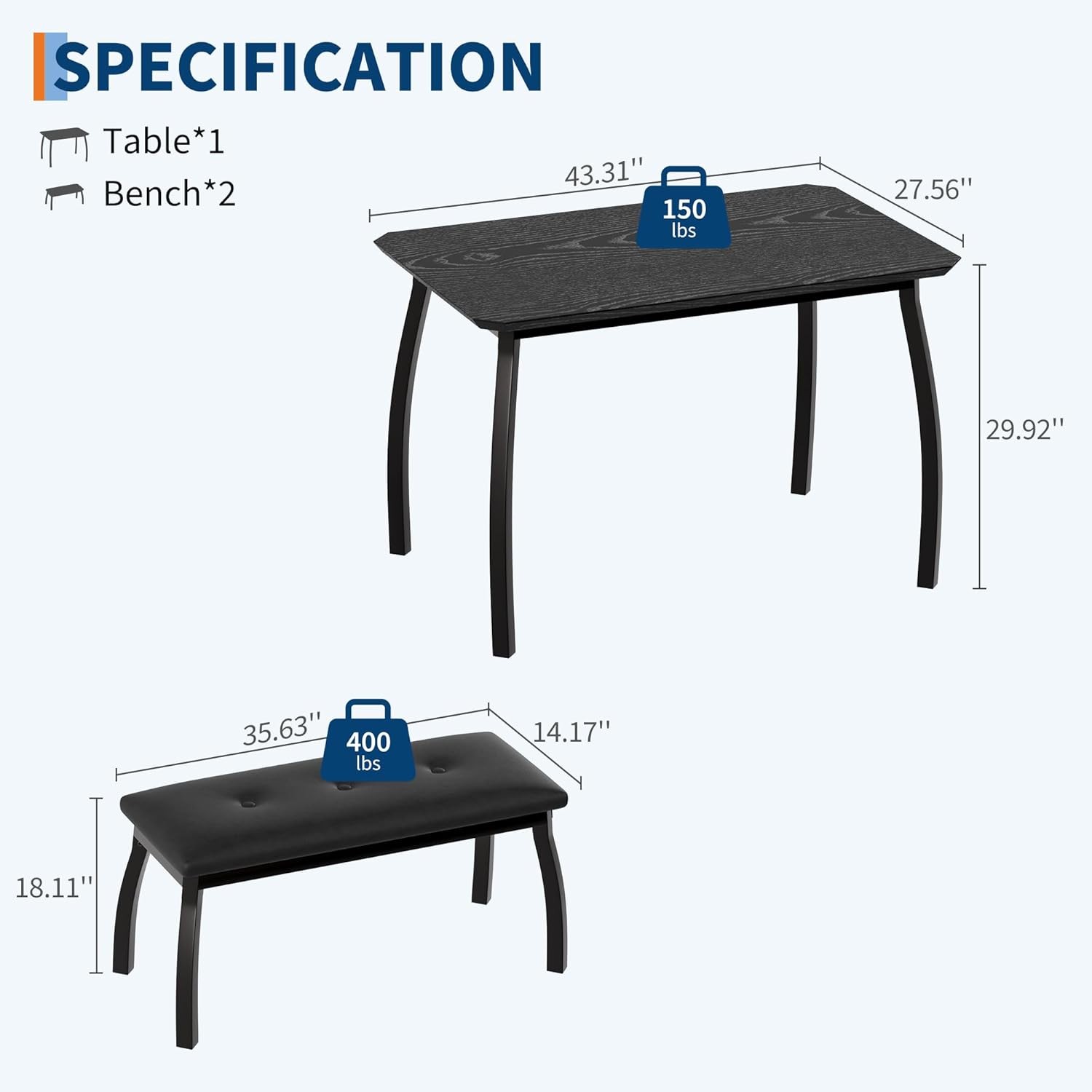 3 pcs Dining Table Set for 4 Kitchen Table with 2 Upholstered Bench Dining Room