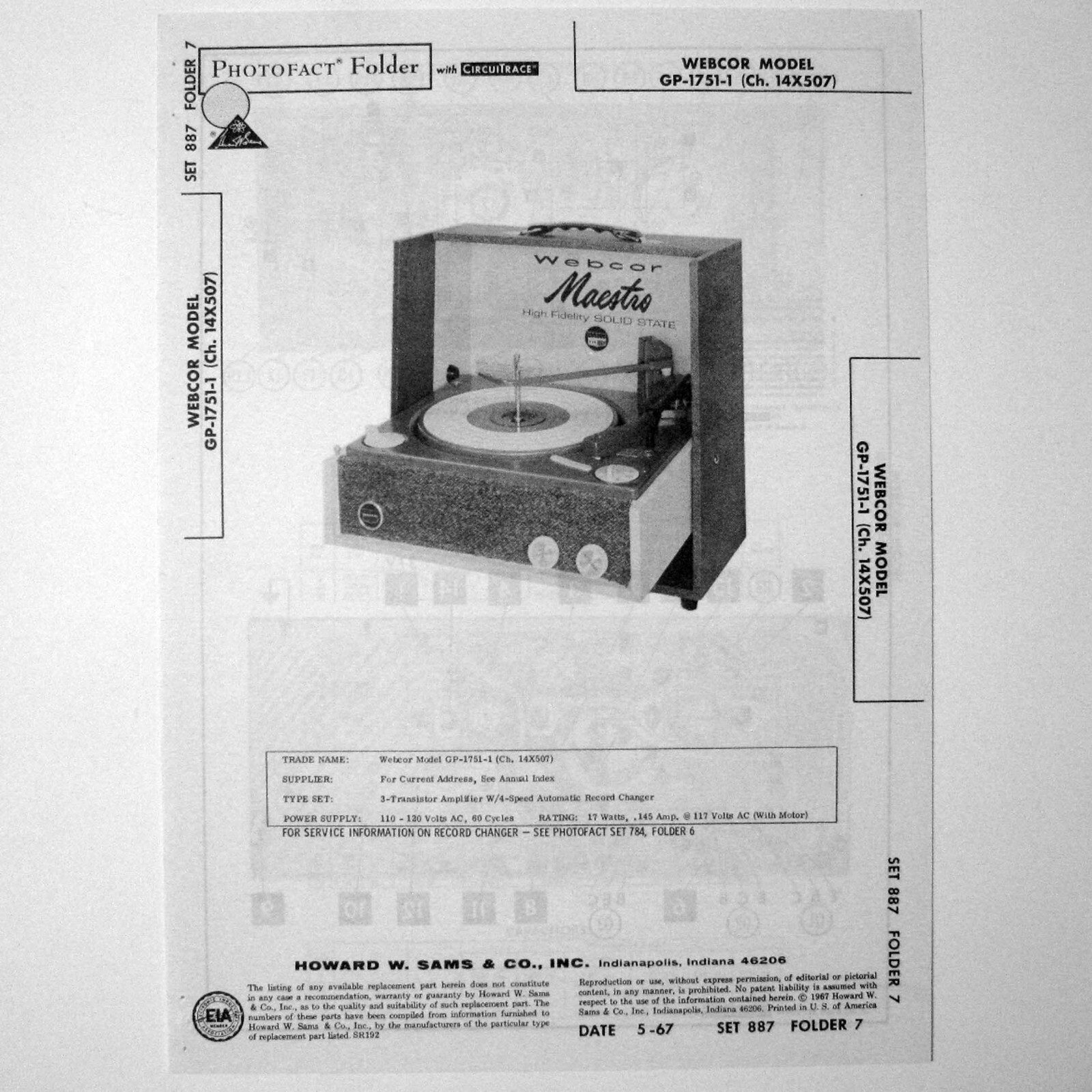 Webcor Model GP-1751-1 Amplifier Record Player - SAMS Photofact ™ 1967 - New NOS
