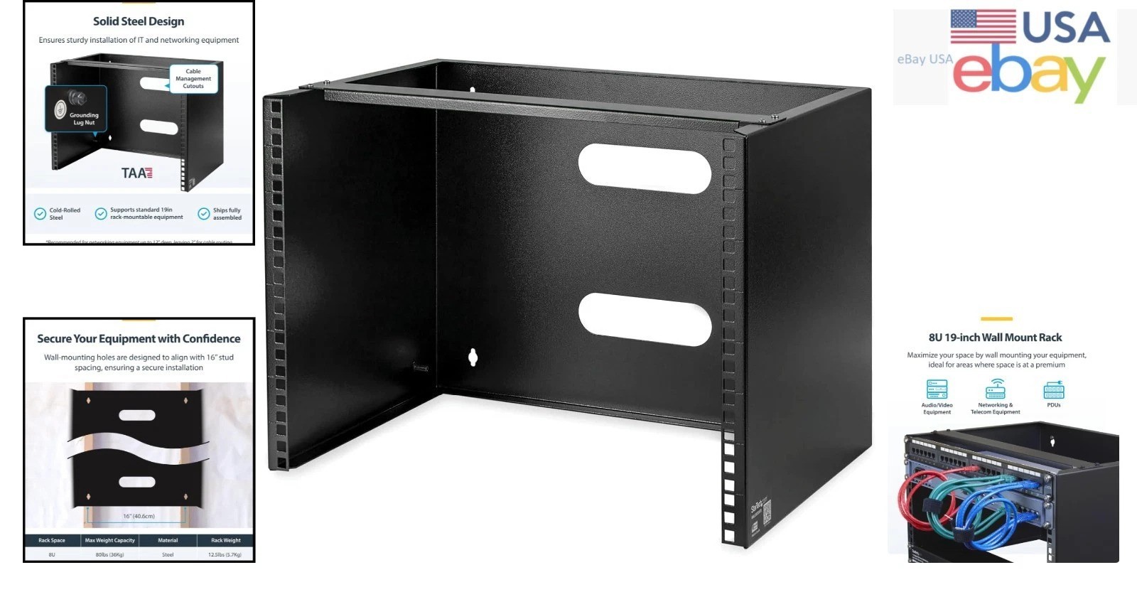 Robust Wall Mounted Patch Panel for Networking, 8U Design, Steel Construction