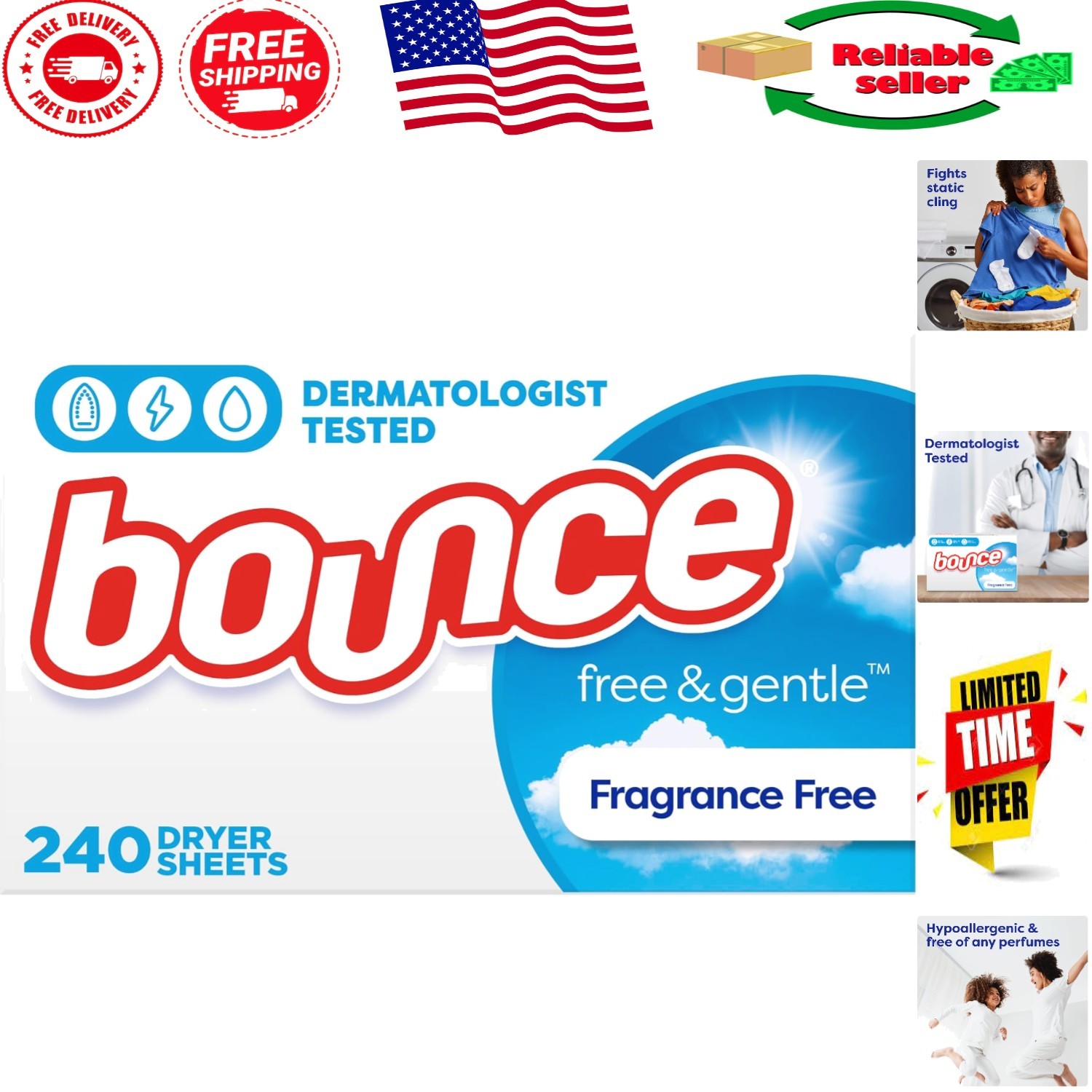 Free & Gentle Hypoallergenic Dryer Sheets - Unscented, 240 Count for Sensitiv...