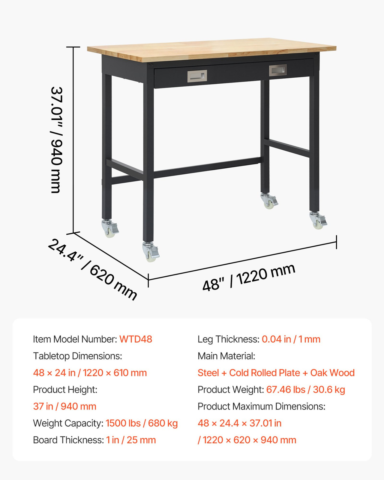 48 in Workbench 1500 lb Capacity Oak Top with Drawer Wheels