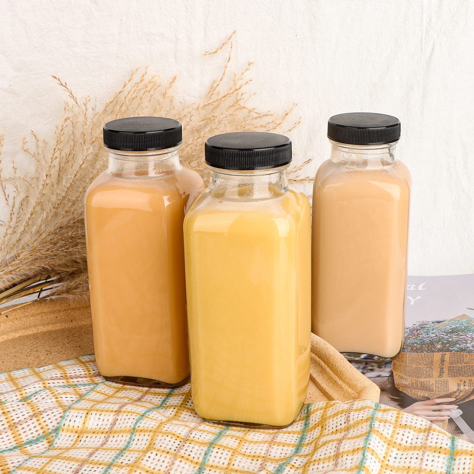 12 Pack Glass Drink Bottles, 12 OZ Vintage Square Water Bottles with Lids, Ju...