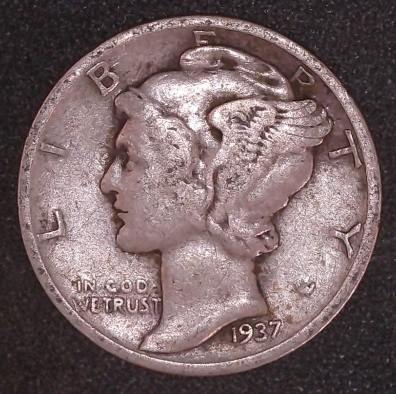 1937-P Mercury Winged Liberty .10c Dime 90% SILVER Philadelphia Mint