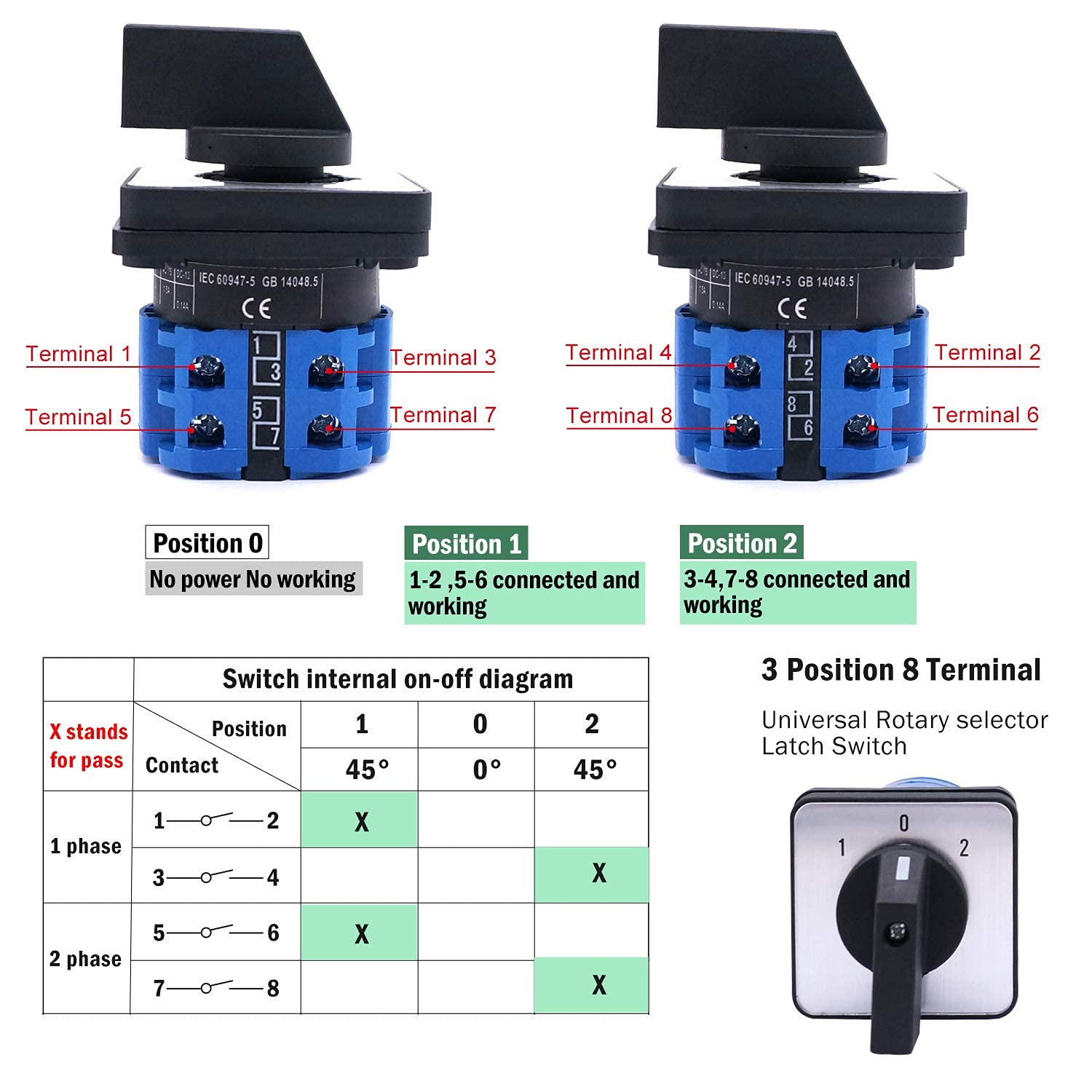 Changeover Switch 3 Position Selector Switch Box 8 Terminals 20A 550V Universal