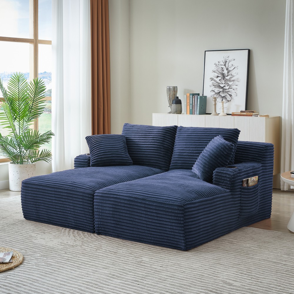 Compressible Double Chaise Sofa w/ Cupholders & Corduroy - No Assembly