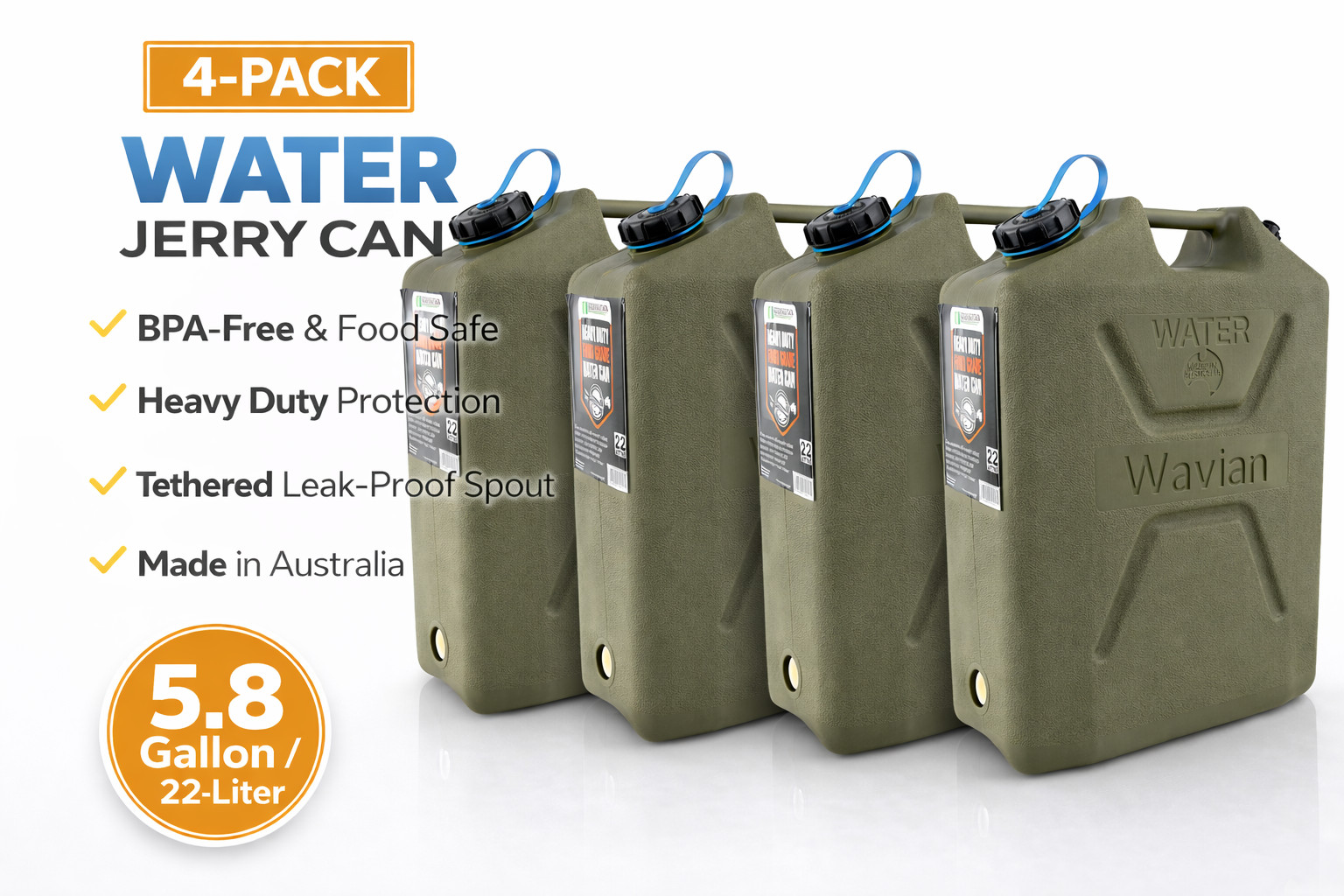 4 Pack Wavian 22L 5.8 Gallon Water Can Green BPA Free Food Grade w/ Spout