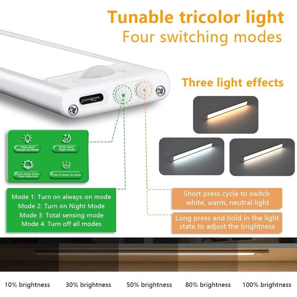 3 Pack Rechargeable LED Under Cabinet Lights Motion Sensor 3 Color for Kitchen