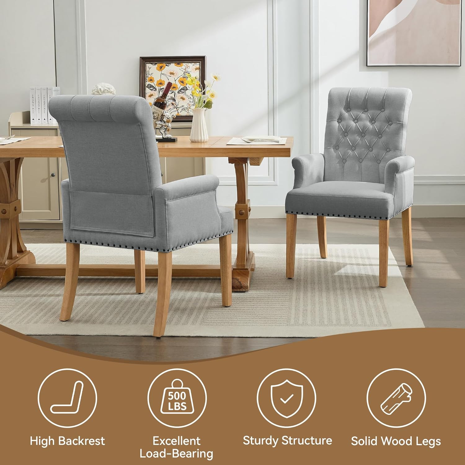 Fabric Dining Chair with Arms, Upholstered Tufted High Back Dining Room Chairs,
