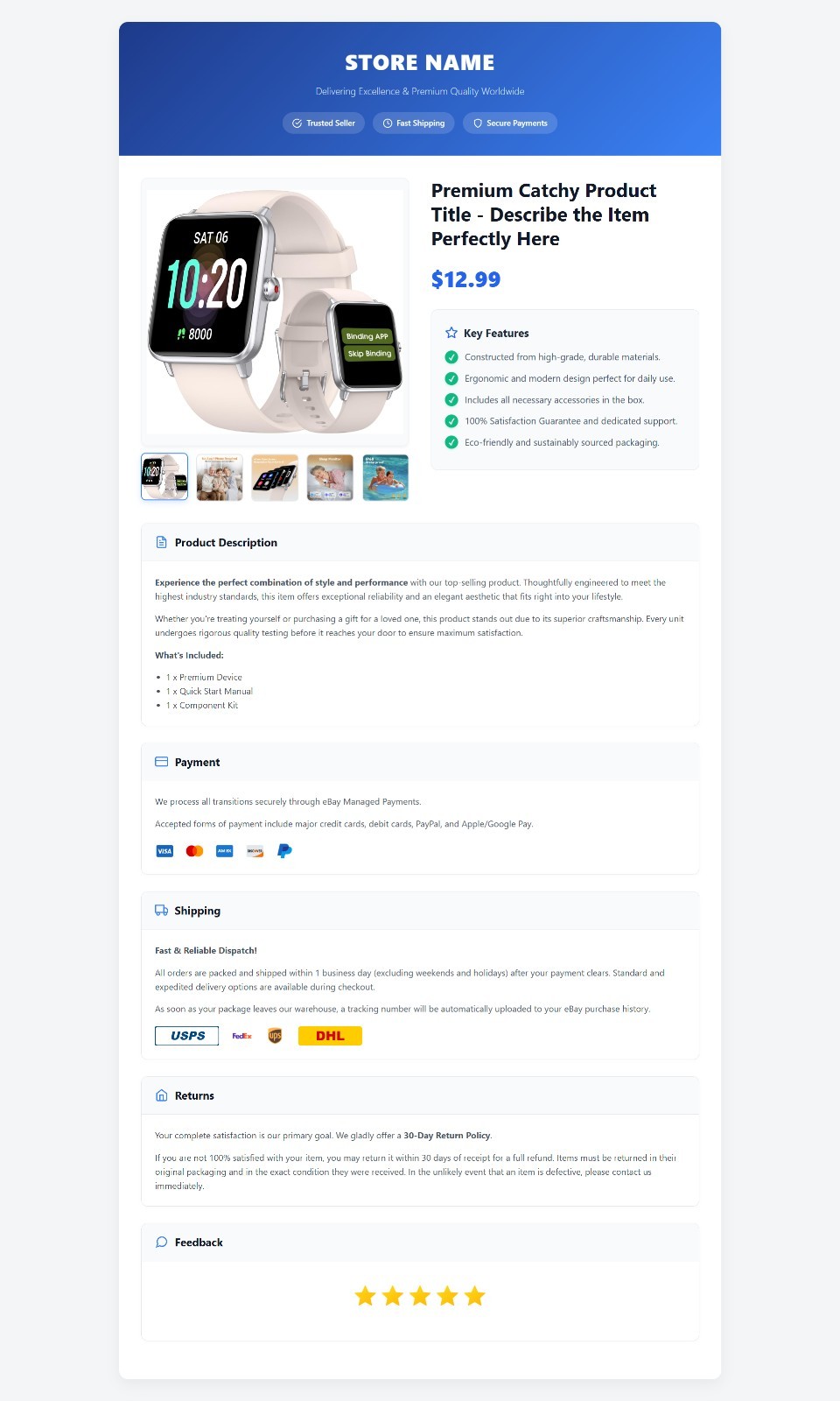 Ebay Listing Template HTML Professional Mobile Responsive Design Universal
