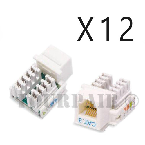 12 Pack Lot - CAT3 Keystone Snap-In Insert Punch Down Jack RJ11 RJ12 DSL - White