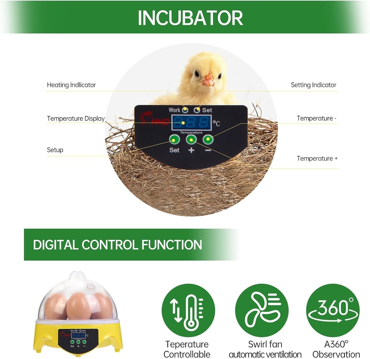 Lightweight 7-Egg Incubator - Automatic Temperature & Manual Humidity Control