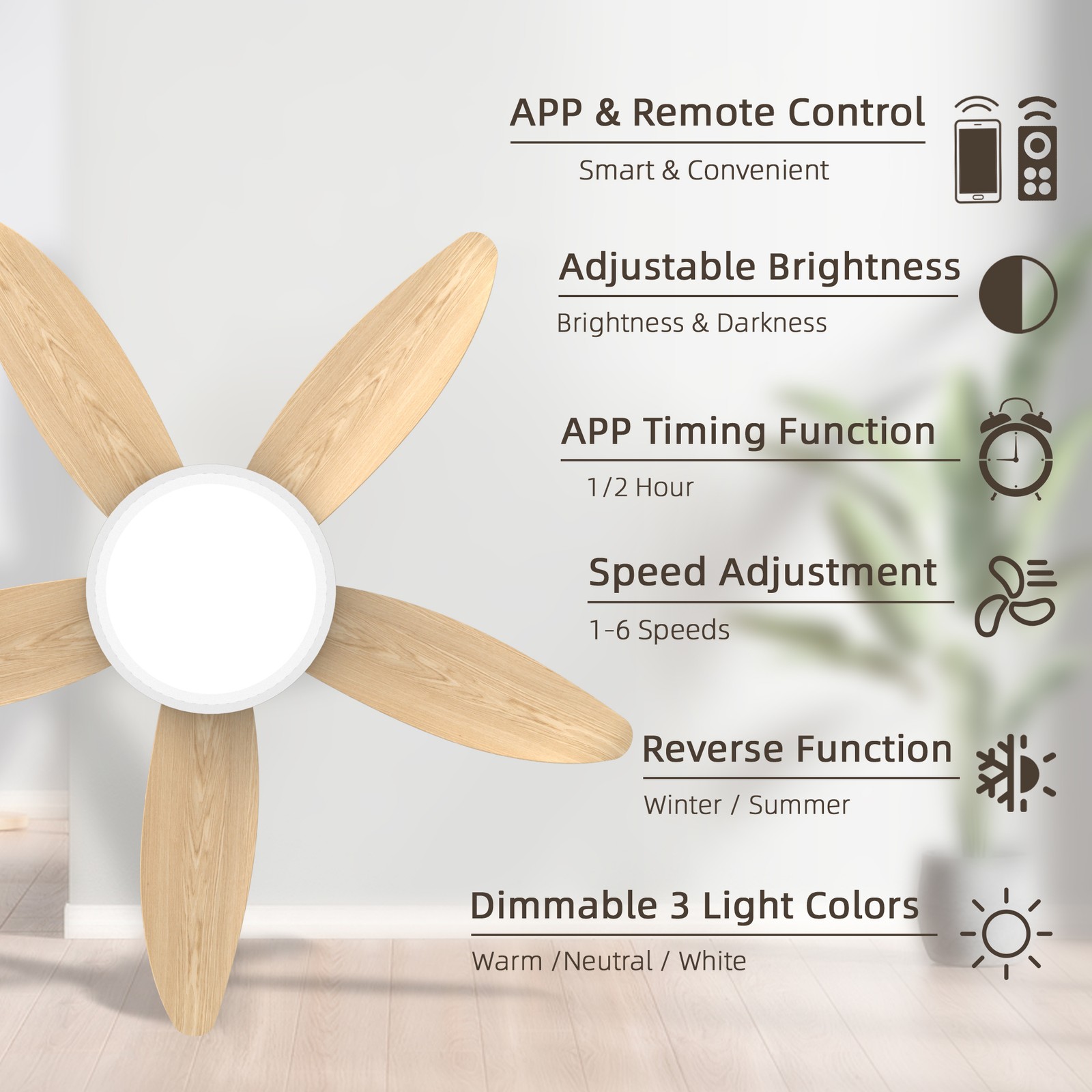 42" Low Profile White Ceiling Fan with LED Light Flush Mount Remote APP Control