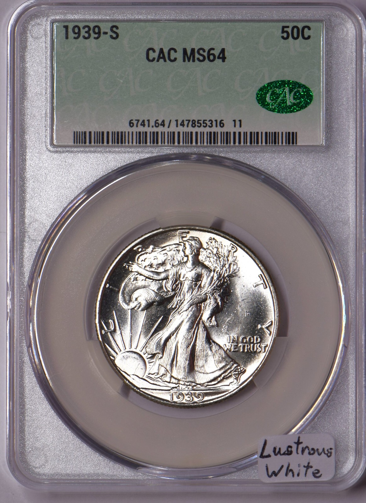1939-S Walking Liberty Half Dollar CAC MS-64; Lustrous White