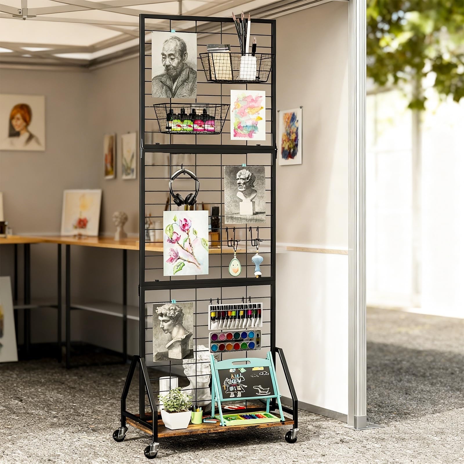 ELYKEN Foldable Grid Wall Panels Display Rack with Wheels & Storage Shelf