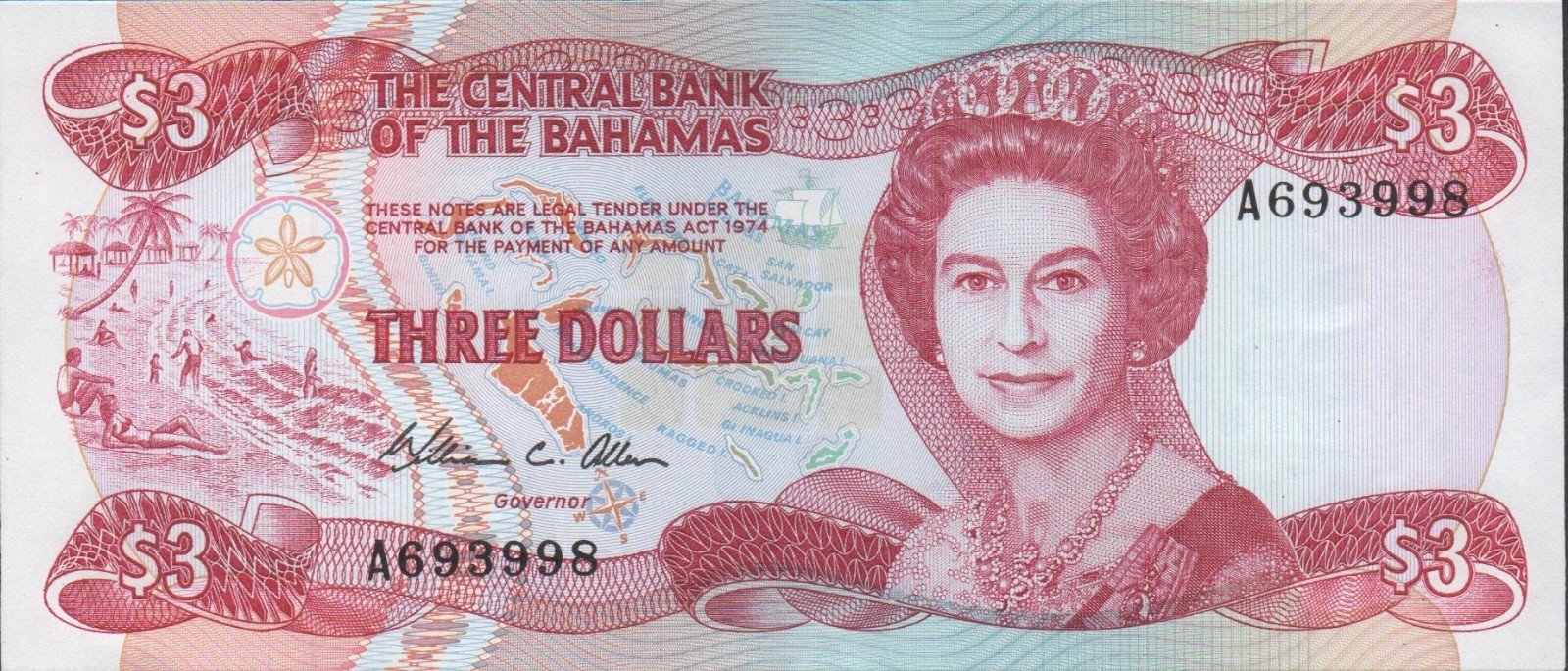 Bahamas  $3  L. 1974  P 44a  Prefix A  sign. W.C. Allen Uncirculated Banknote #0