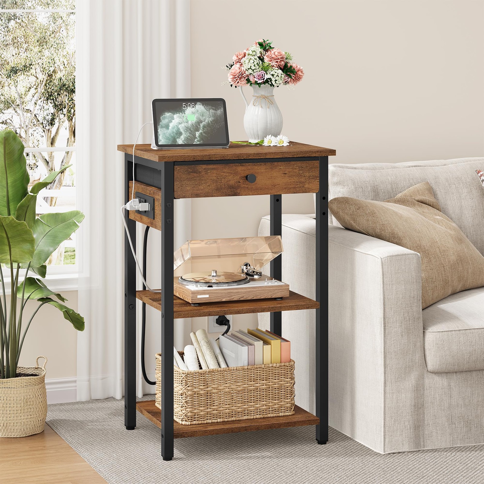 Printer Stand with Power Outlets, 3-Tier Under 3 layer & CS, Rustic Brown
