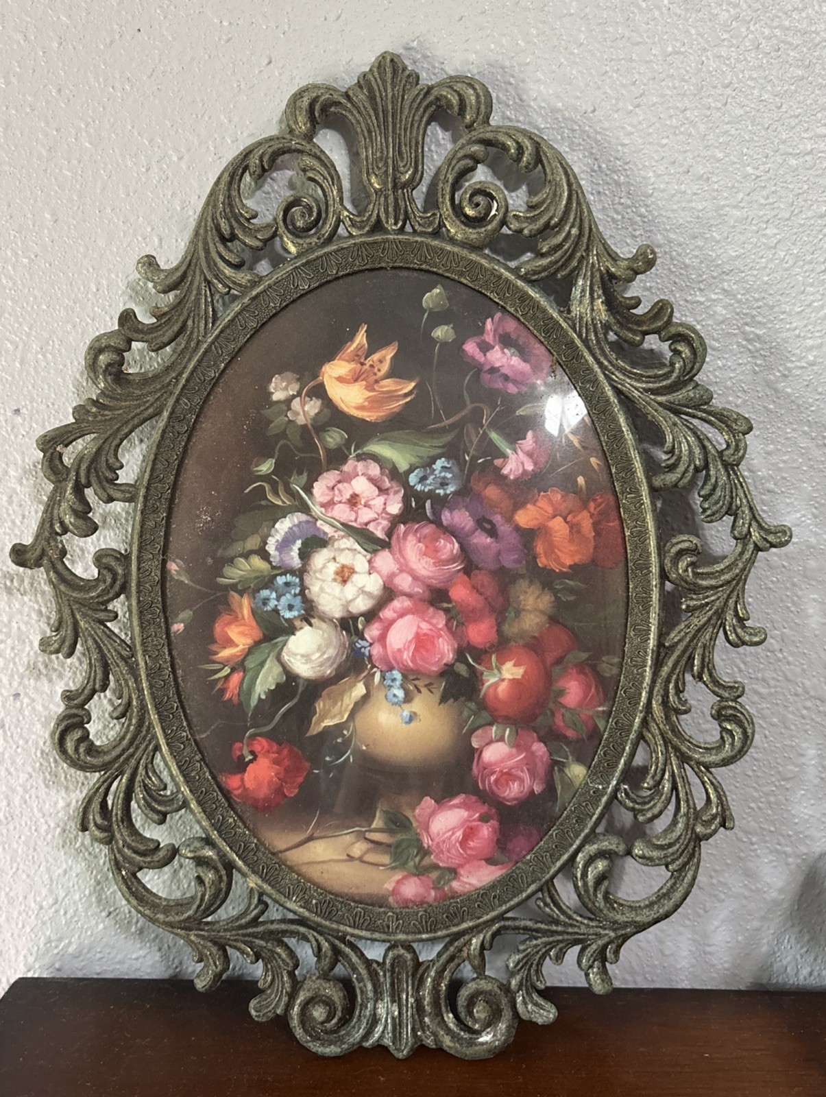 Ornate oval picture frame metal convex Italy floral artwork moody dark victorian