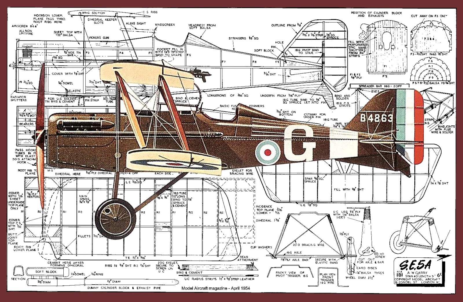 Model Airplane Plans (FF): SE-5A Scale 40" Biplane Fighter (WW-I) for 1-1.5cc