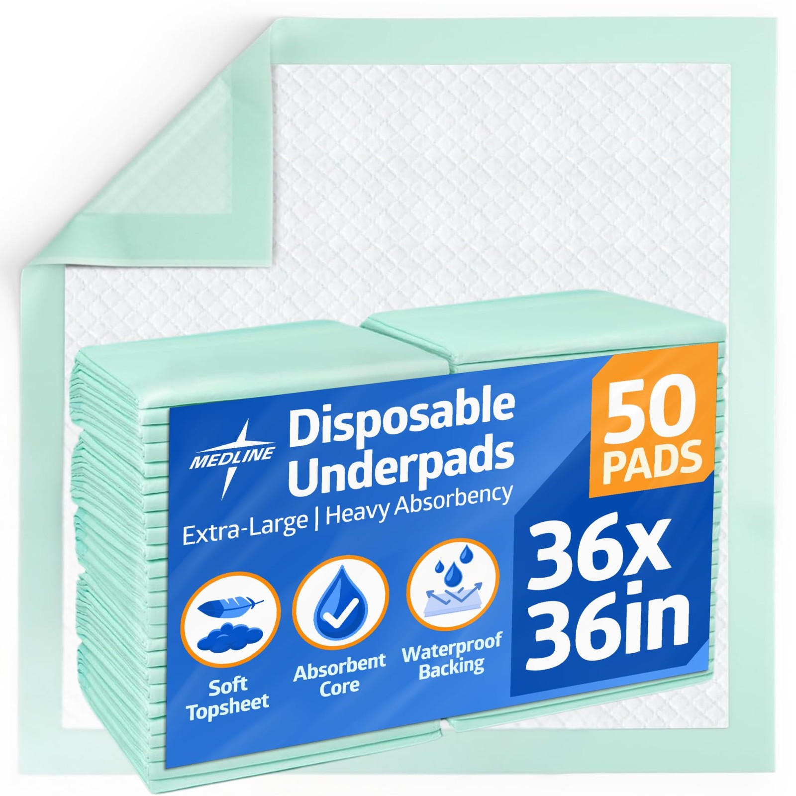 Medline Super Absorbent Underpad, 36" x 36", 50 Count, Extra Large Disposable In