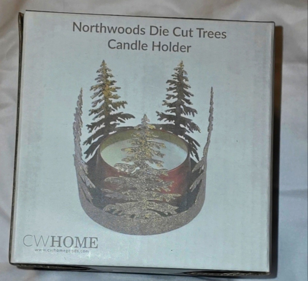 Northwoods Die Cut Trees Candle Holder CW Home Gold Finish 4.5 x 4.5 in New
