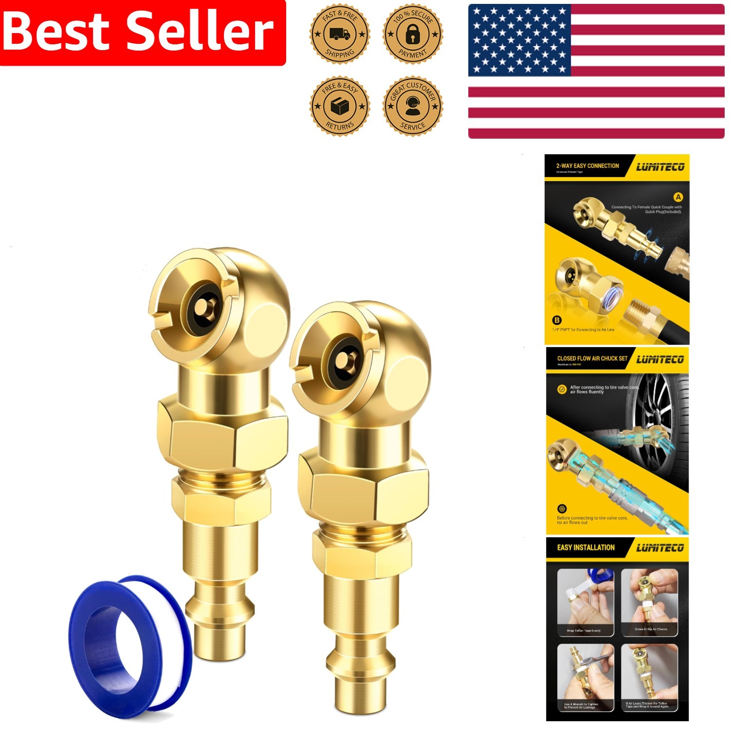 Air Compressor Nozzle 2-Pack 300 PSI Universal Quick Connect Tire Inflator Gauge