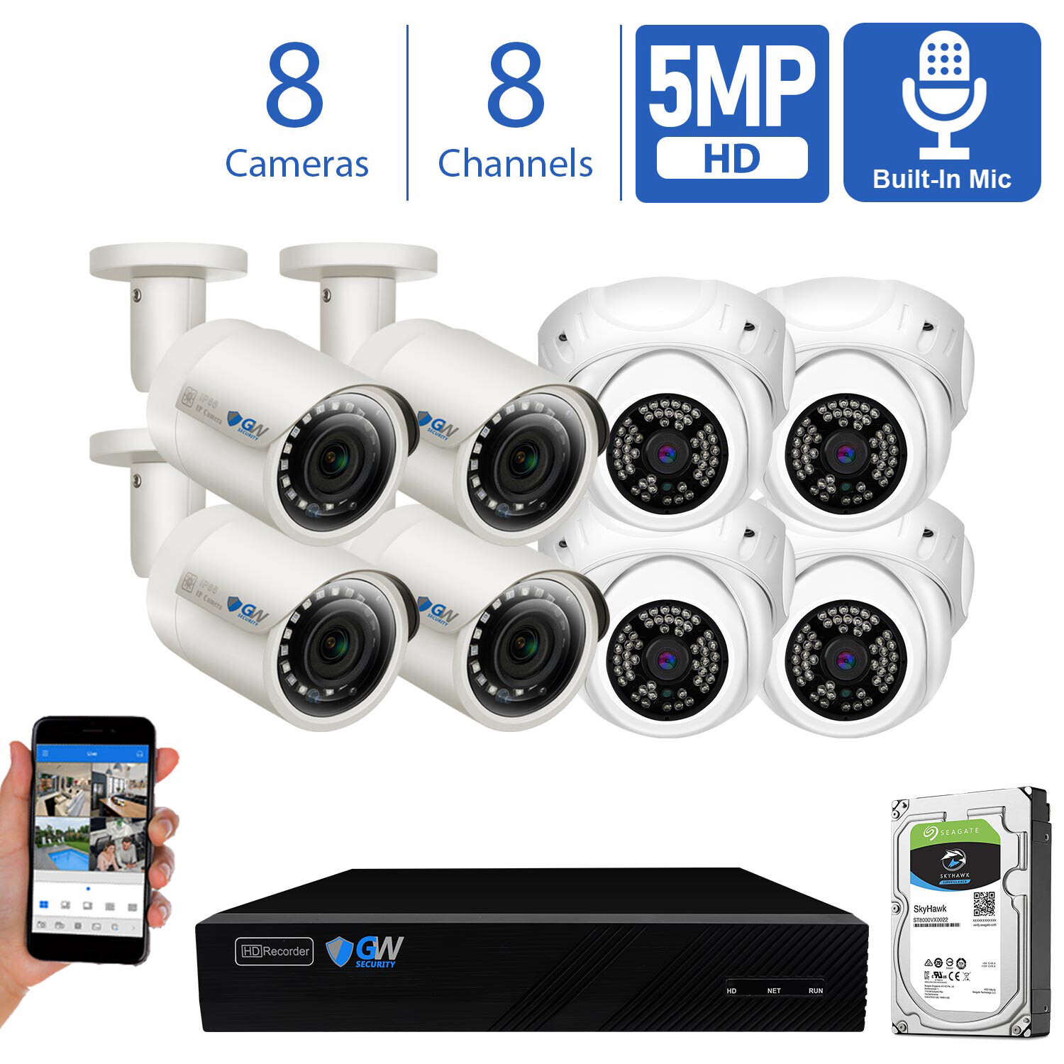 8 Channel 8MP 4K NVR 8 X 5MP PoE Microphone Outdoor Home Security Camera System