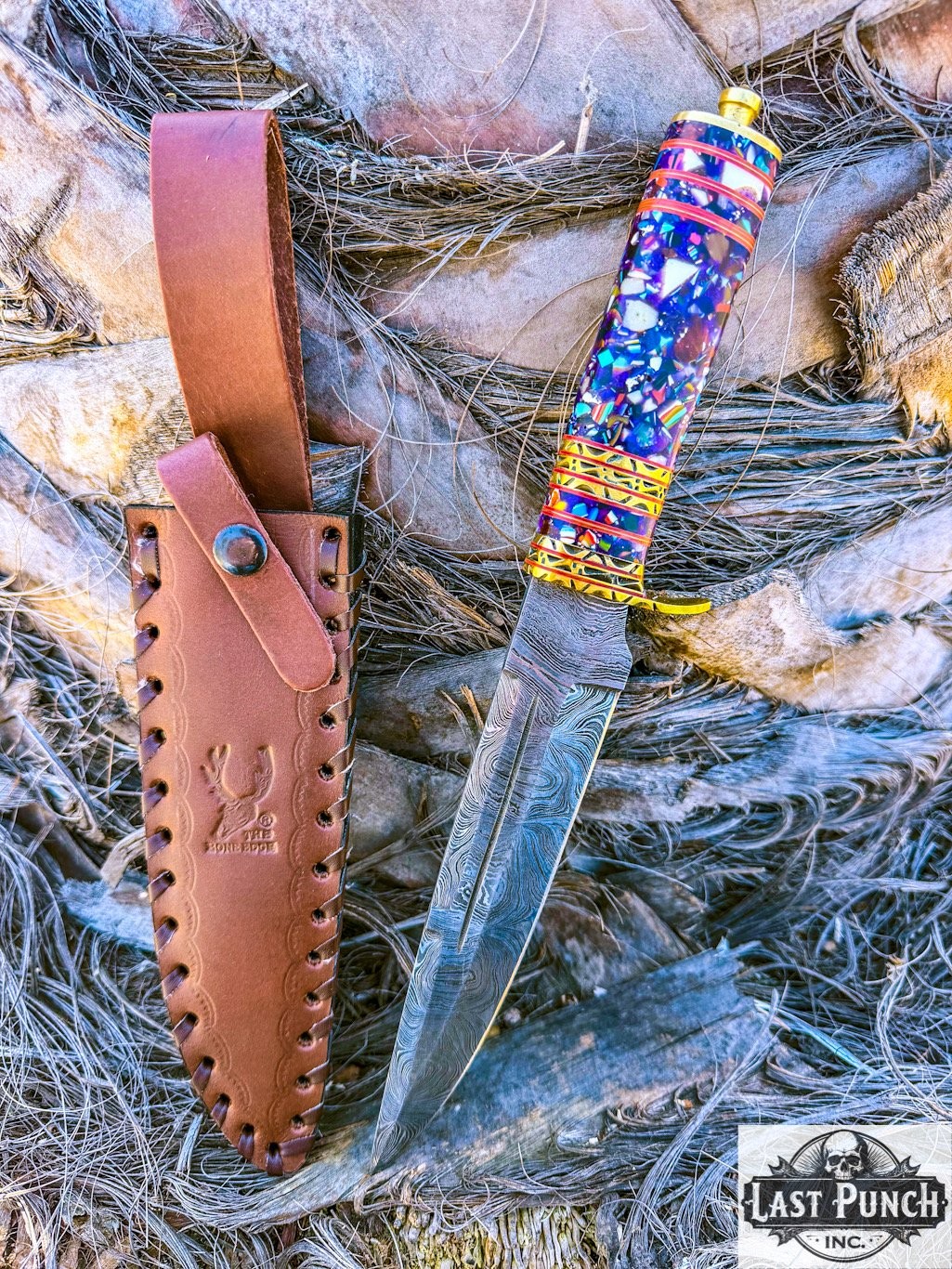 13" Damascus Blade Multi Color Resin Handle Hand Made Hunting Knife With Leathe
