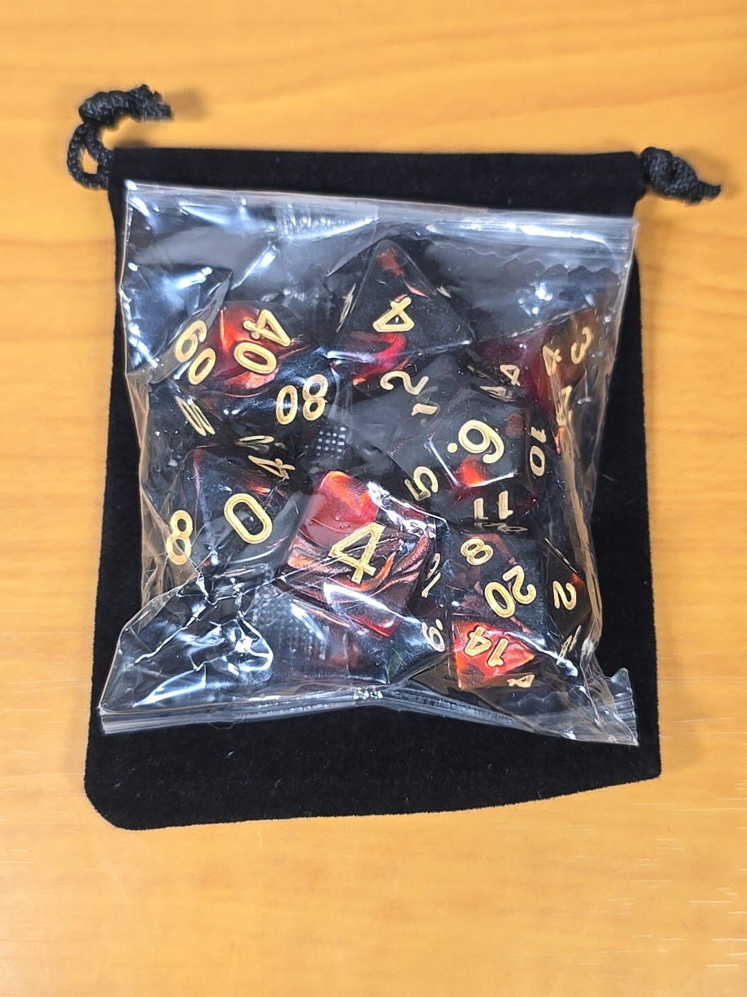 Shimmering BLACK RED SWIRL 7pc Polyhedral Dice Set Mythic Color D20 RPG DND BAG
