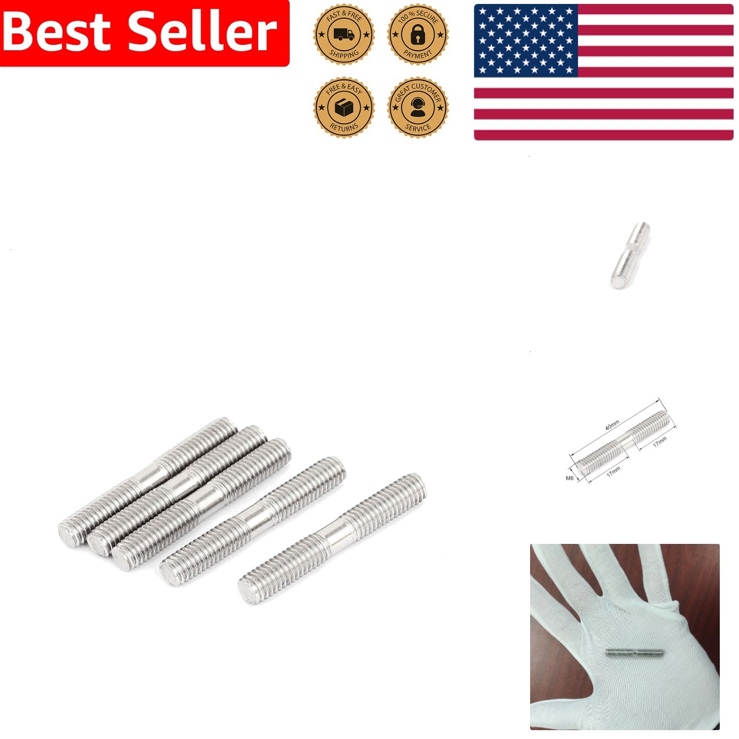M6 Double End Bolt Stud 304 Stainless Steel Metric Threaded Fastener 5 Pcs Set